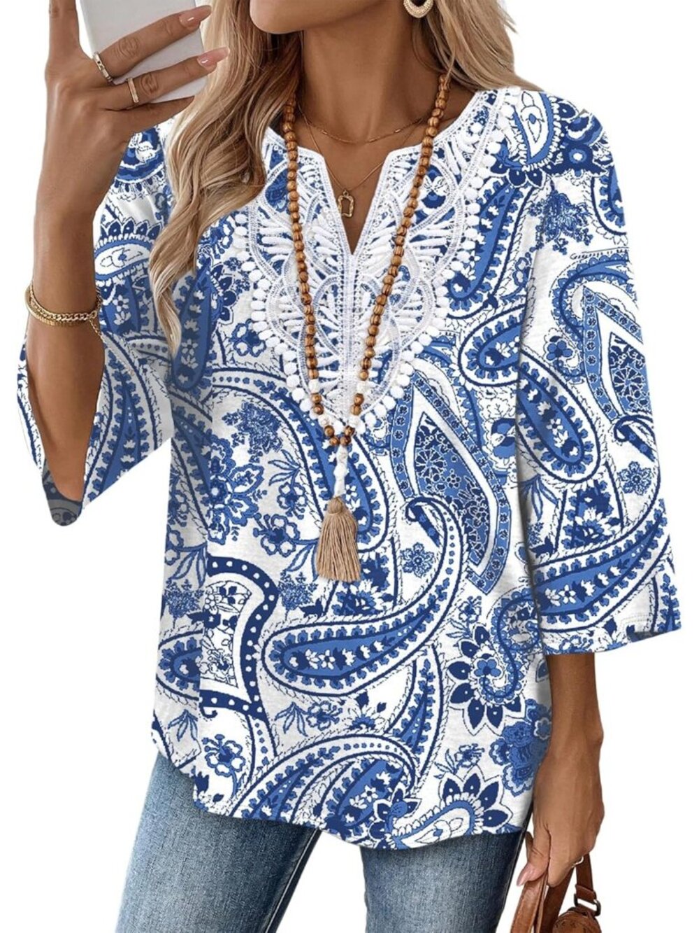 Women's Tops White 3/4 Length Sleeve Boho V Neck Lace Casual Vacation Clothes